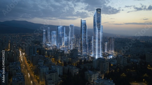 Wallpaper Mural City skyline illuminated by lights at night, representing a dynamic network connection and technological advancement in urban life Torontodigital.ca