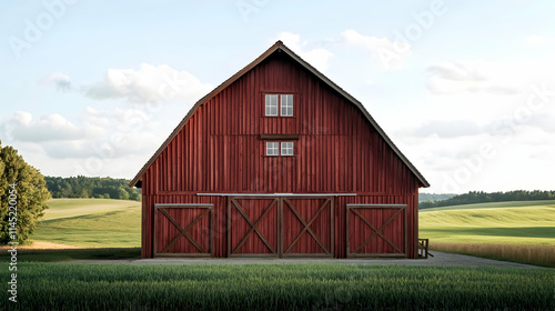 Vermont Timber Barn with red wooden walls and rolling green pastures, classic American countryside