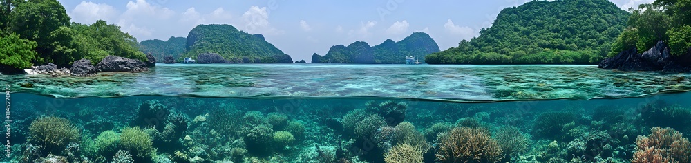 Fototapeta premium Stunning split-level view of a tropical island's coastline, showcasing lush greenery above and vibrant coral reefs below the crystal-clear water.