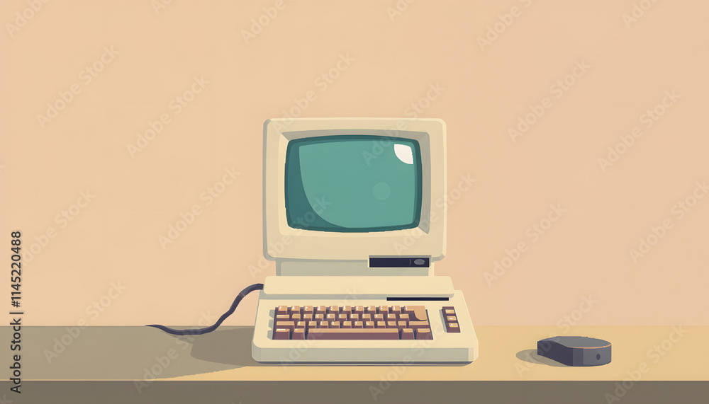Fototapeta premium Vintage personal computer on a desktop, pixel art, with white tones