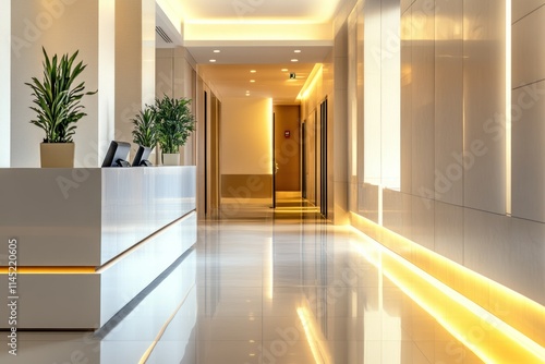 Reception desk with a minimalist design in a well-lit corporate interior featuring modern finishes and polished marble flooring photo