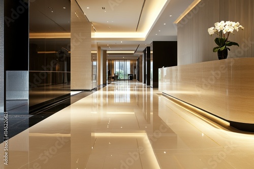 Reception desk with a minimalist design in a well-lit corporate interior featuring modern finishes and polished marble flooring photo