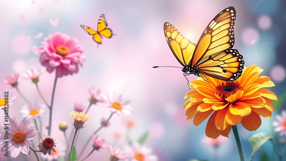 Vibrant flowers and butterflies in a colorful garden scene. isolated on transparent white background Vibrant flowers and butterflies in a colorful garden scene. isolated on transparent white background