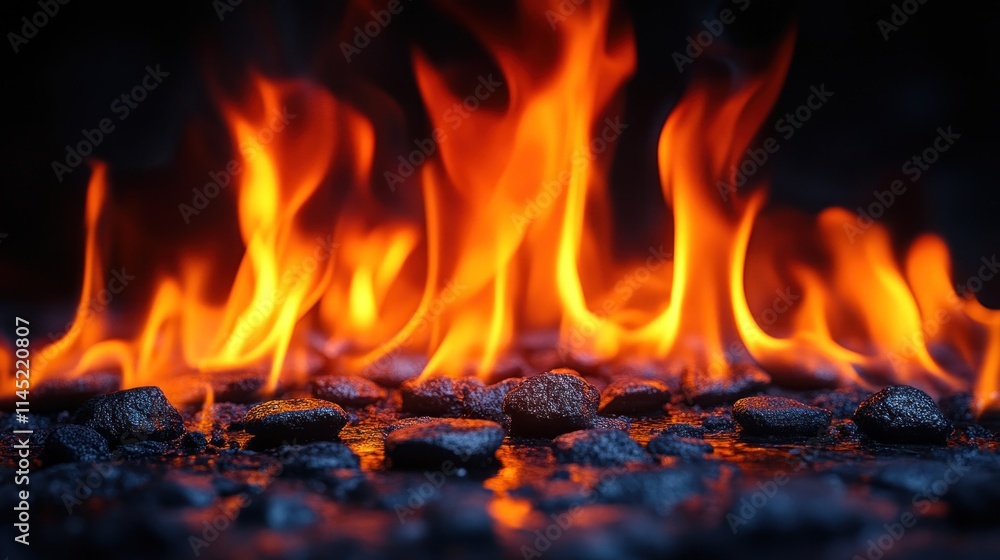Flames dancing over glowing charcoal, creating a warm and inviting atmosphere. Flames dancing over glowing charcoal, creating a warm and inviting atmosphere.