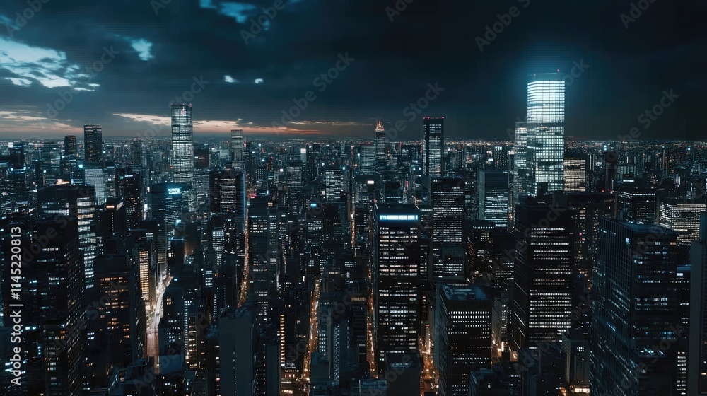 City skyline illuminated by lights at night, representing a dynamic network connection and technological advancement in urban life City skyline illuminated by lights at night, representing a dynamic network connection and technological advancement in urban life