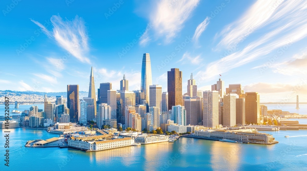 Fototapeta premium A close-up of San Franciscos Financial District skyline, showcasing sleek skyscrapers against a bright blue sky
