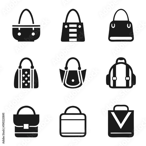 Handbag Icon Set: A set of nine stylish and versatile handbag icons in a minimalist black and white design. Perfect for fashion, retail, and lifestyle applications.