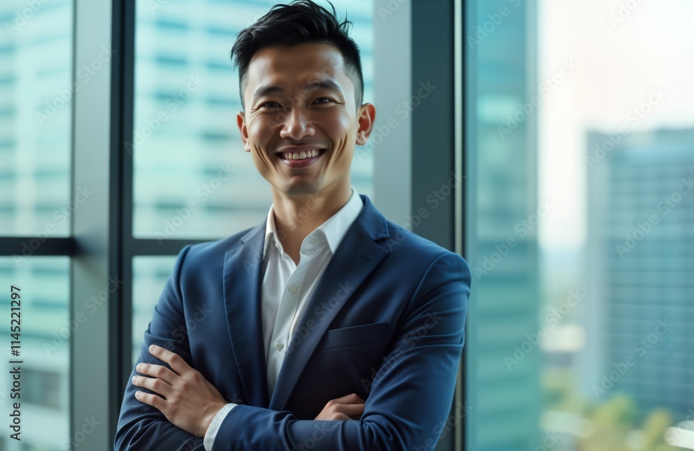 Confident Asian businessman stands near modern office window. Wears business suit, smiles looking directly at camera. Success, leadership evident. Modern office environment. Potential areas for use Confident Asian businessman stands near modern office window. Wears business suit, smiles looking directly at camera. Success, leadership evident. Modern office environment. Potential areas for use