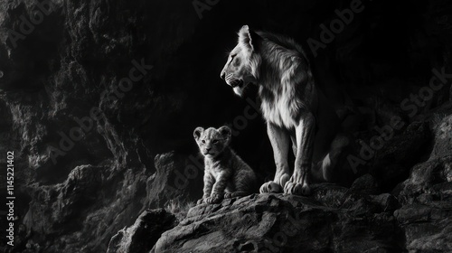 Lioness and cub in dark cave.