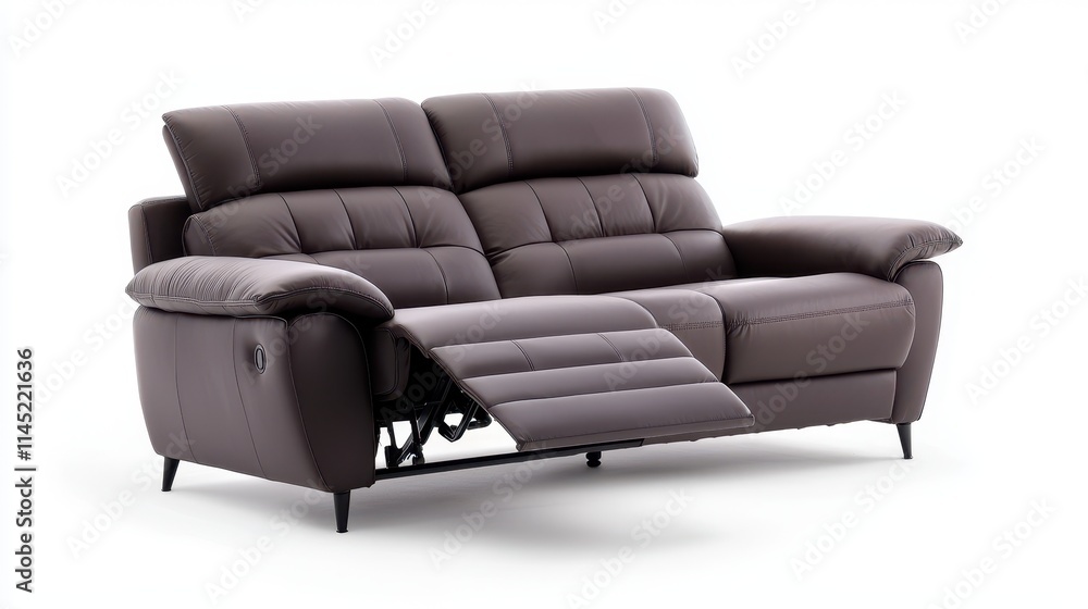 A comfortable recliner sofa in dark brown leather, showcasing plush cushions and adjustable headrests, set on a white backdrop. A comfortable recliner sofa in dark brown leather, showcasing plush cushions and adjustable headrests, set on a white backdrop.