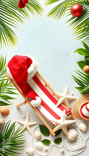 Christmas in July summer holiday or sale background. Summer vacation accessories, seashells, Starfish, lounge chair with Santa hat, tropical leaves. Getaway during winter holiday, top view copy spac