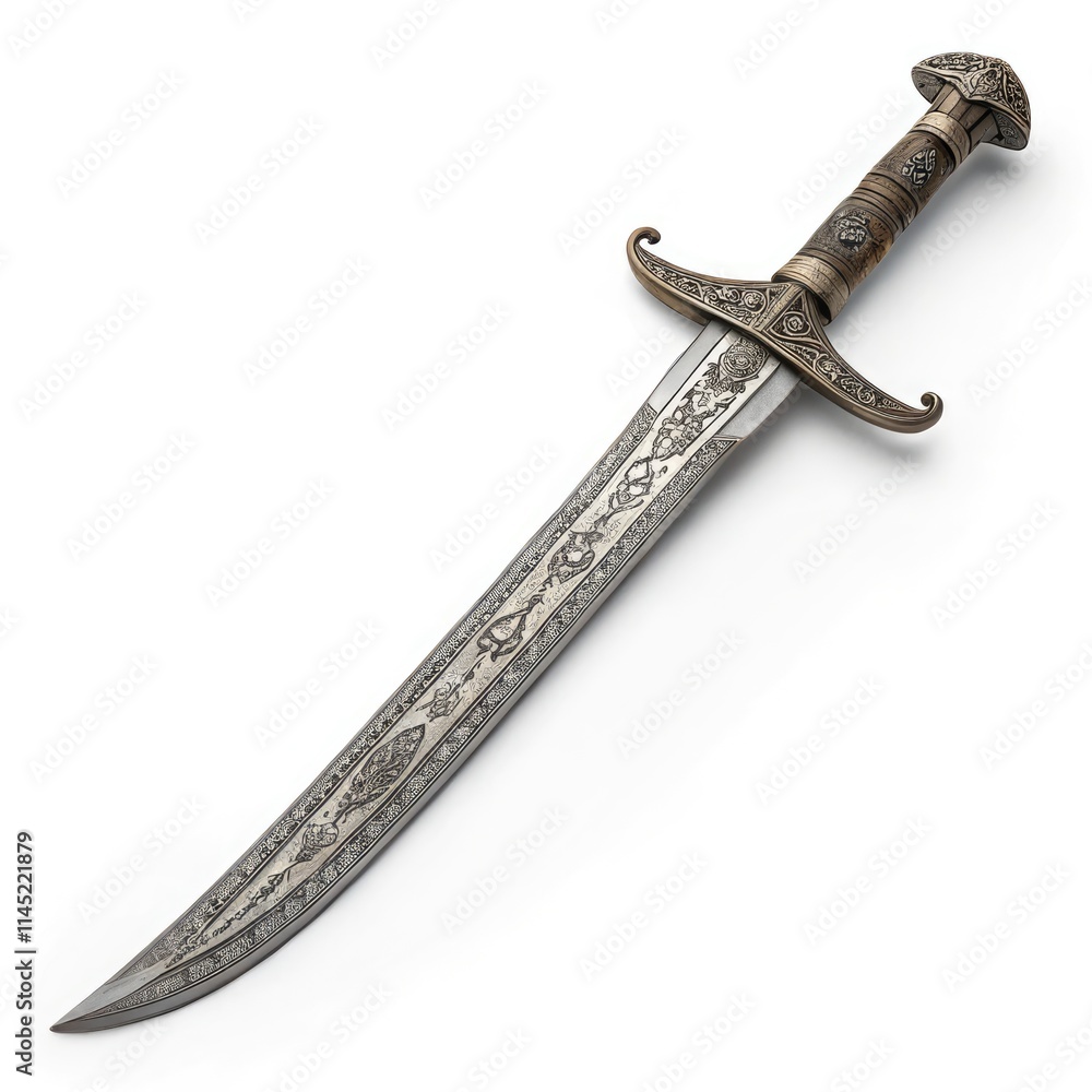Intricate Arabian Sword Captured From the Top View on a White Background. Generative AI Intricate Arabian Sword Captured From the Top View on a White Background. Generative AI