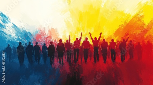 Vibrant Abstract Representation of a Diverse Crowd Celebrating Unity and Freedom, with Colorful Background Symbolizing Hope and Change in a Contemporary Art Style