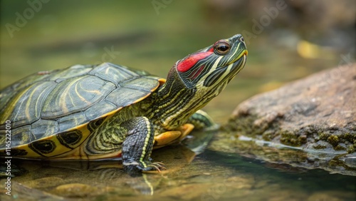 Red Eared Slider Turtle Basking by the Water on a Sunny Day. Generative AI photo