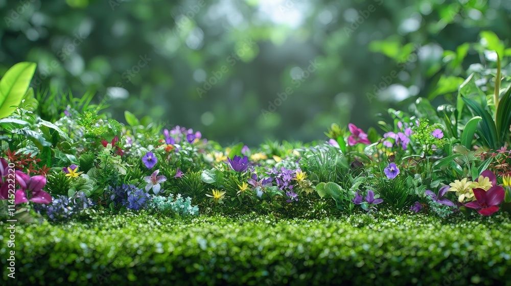 Obraz premium Vibrant spring wildflowers blooming on a lush green mossy ground with a soft-focus forest bokeh background.