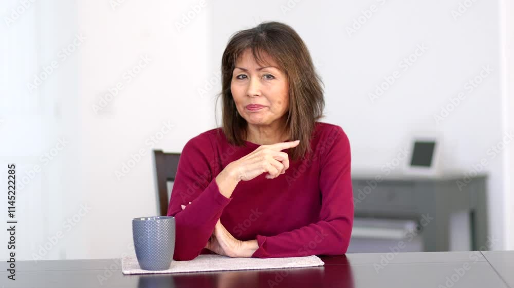 Woman looking at camera making funny hand gestures sitting at table Woman looking at camera making funny hand gestures sitting at table
