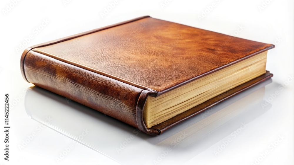Worn Leather Bound Book Standing Upright on a Reflective Surface. Generative AI Worn Leather Bound Book Standing Upright on a Reflective Surface. Generative AI
