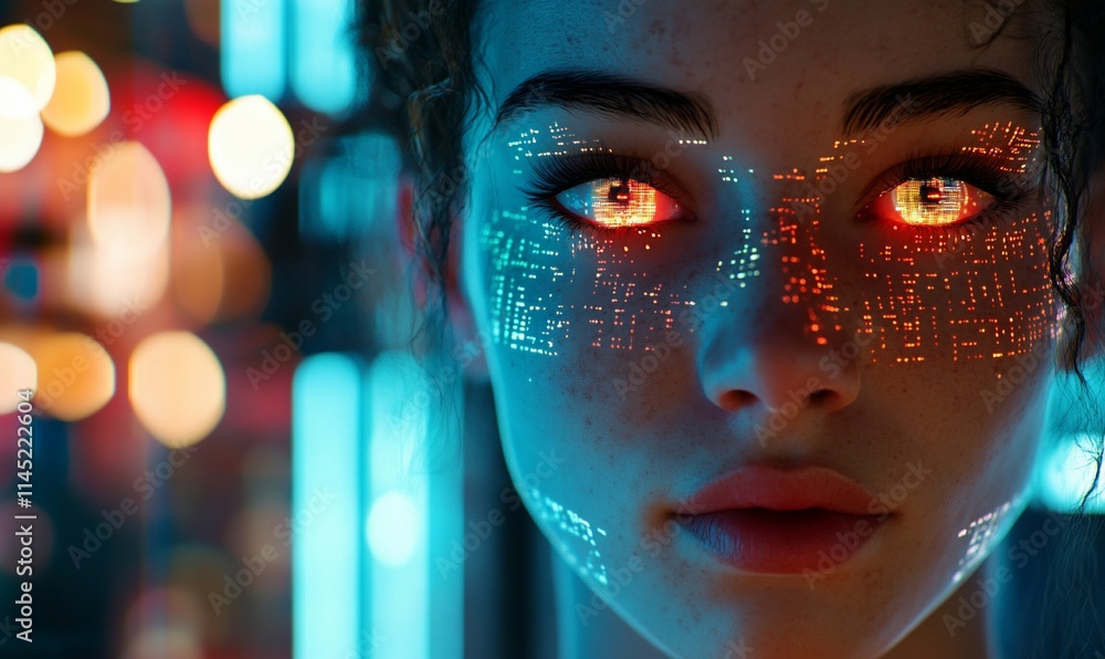 A futuristic portrait featuring a person with glowing eyes and digital patterns. A futuristic portrait featuring a person with glowing eyes and digital patterns.