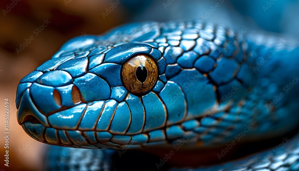 Close-up of the snake's head in bright blue color, accentuating its detailed scales. Close-up of the snake's head in bright blue color, accentuating its detailed scales.