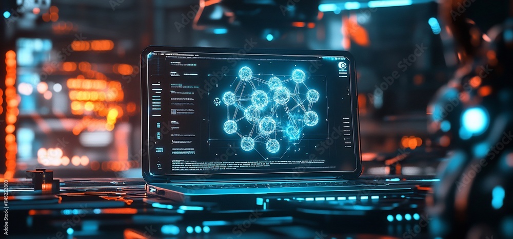 A futuristic laptop displaying a complex data network in a high-tech environment. A futuristic laptop displaying a complex data network in a high-tech environment.