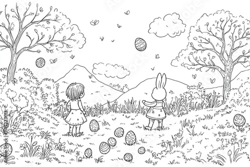 A charming Easter-themed coloring page featuring eggs, bunnies, and spring flowers, perfect for kids and creative relaxation.

