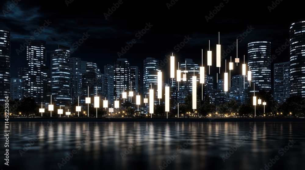 Fototapeta premium Dynamic financial charts depict market trends against a bustling city skyline illuminated by night lights, showcasing modern business activity