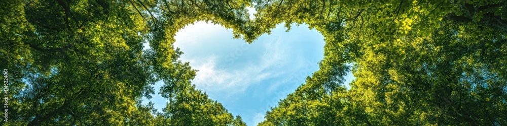 A heart-shaped gap in the forest canopy revealing a clear blue sky, symbolizing love for nature. A heart-shaped gap in the forest canopy revealing a clear blue sky, symbolizing love for nature.