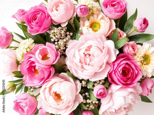 Beautiful arrangement of pink peonies and roses on a white background with space for text, peonies, copy space
