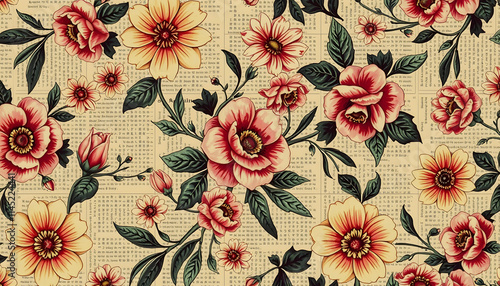 vintage newspaper floral seamless pattern, masterpiece, with white tones