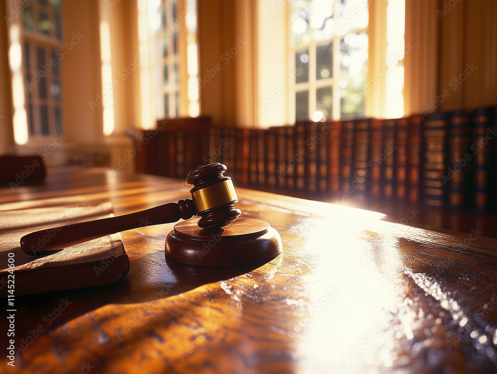 Obraz premium Gavel on Sunlit Wooden Table in Courtroom