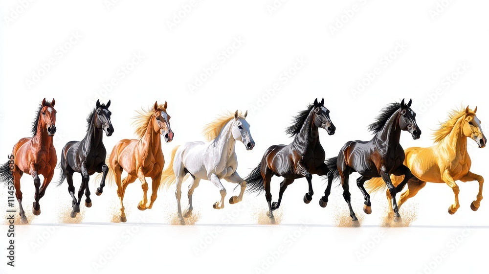 Obraz premium A variety of silhouettes of horses in full run, capturing dynamic energy, arranged aesthetically on a bright white background.