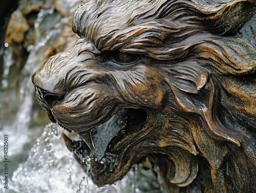 Close-up of a detailed bronze lion fountain with water flowing photo