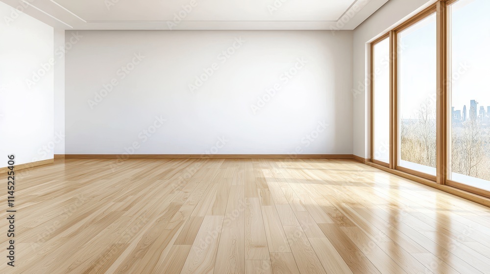 Bright, empty living room featuring light wood flooring and a panoramic window offering a stunning view Bright, empty living room featuring light wood flooring and a panoramic window offering a stunning view