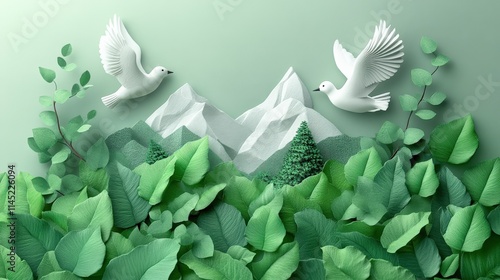 Serene Paper Craft Landscape with Doves, Mountain Peaks, and Lush Green Foliage, Perfect for Nature Themes and Eco-Friendly Concepts in Visual Art and Design photo