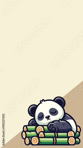 Panda mascot sleeping soundly on a pile of bamboo sticks