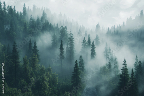 Mystical Misty Forest with Towering Evergreens