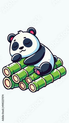 Panda mascot sleeping soundly on a pile of bamboo sticks