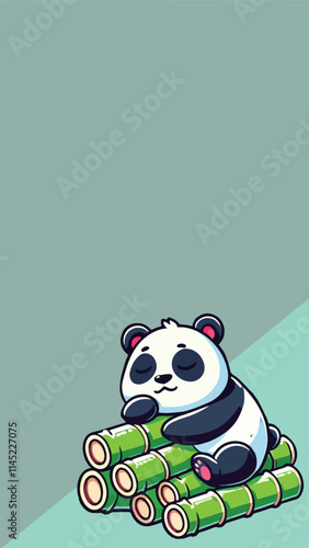 Panda mascot sleeping soundly on a pile of bamboo sticks