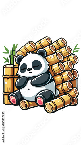 Panda mascot sleeping soundly on a pile of bamboo sticks