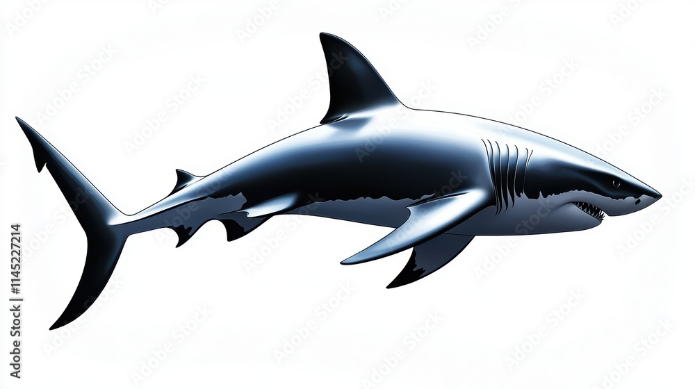 Fototapeta premium Silhouette of a great white shark diving downward, with a curved tail and sharp dorsal fin, sleek and modern on white