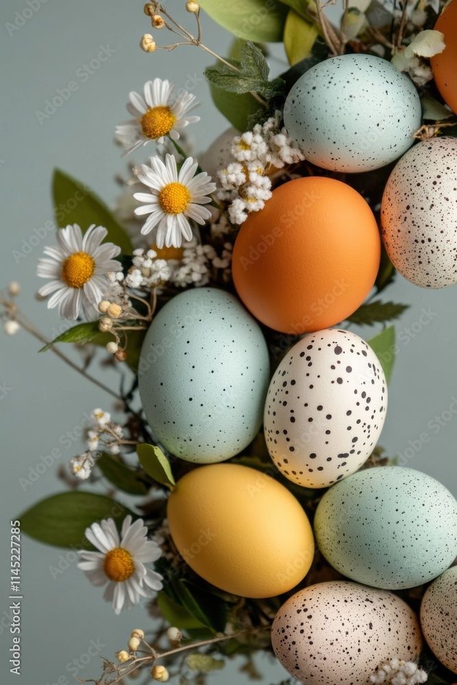 Vibrant easter eggs in various colors are beautifully arranged with daisies and greenery, capturing the essence of spring and festive cheer. The close-up showcases patterns and textures, evoking joy Vibrant easter eggs in various colors are beautifully arranged with daisies and greenery, capturing the essence of spring and festive cheer. The close-up showcases patterns and textures, evoking joy