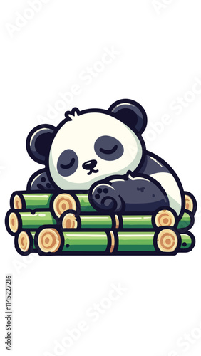 Panda mascot sleeping soundly on a pile of bamboo sticks