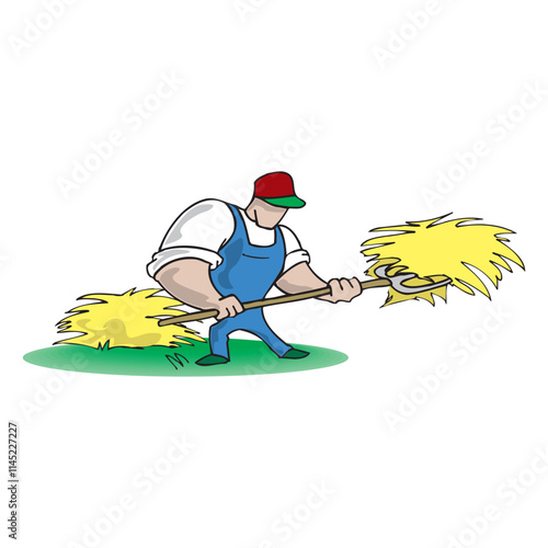 Farmer work with hay. Agriculture worker with hay pitchfork, rural harvesting flat illustration