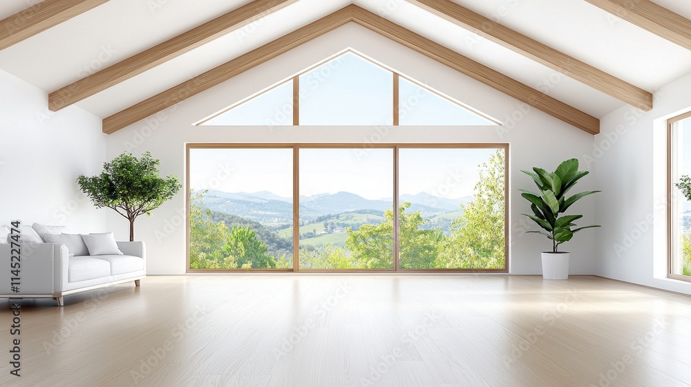 Fototapeta premium Spacious empty living room with a vaulted ceiling, wooden beams, and large windows offering scenic views