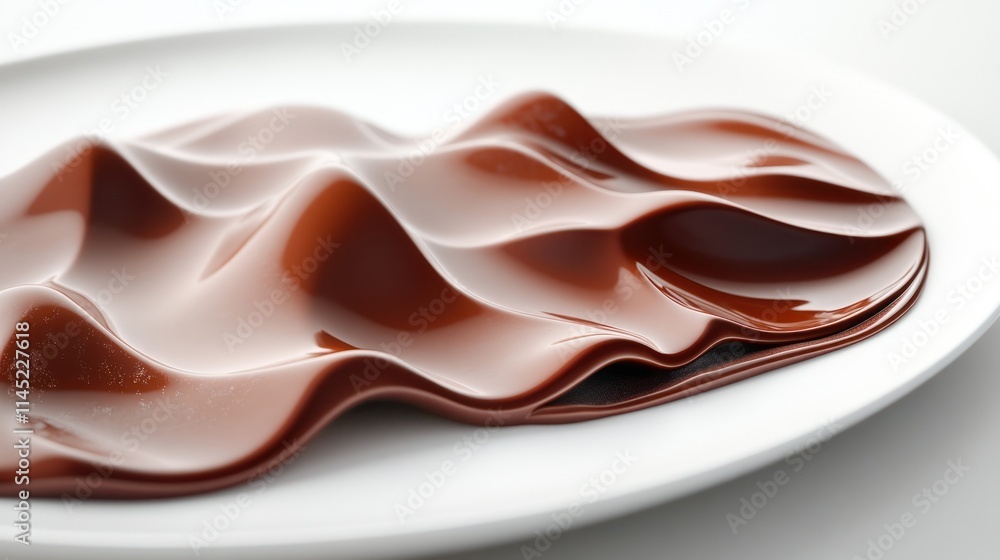 Glossy, rippled, milk chocolate sauce on white plate. Glossy, rippled, milk chocolate sauce on white plate.
