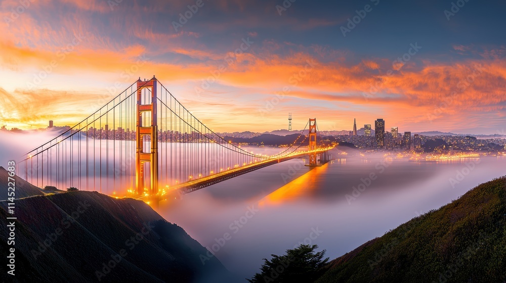 Fototapeta premium The San Francisco skyline at dusk, featuring the iconic Golden Gate Bridge and illuminated skyscrapers, vibrant and elegant