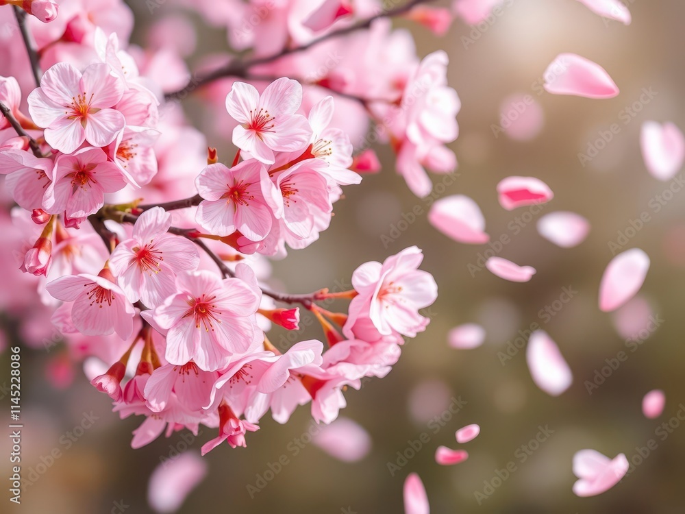 Obraz premium Pink sakura petals falling gracefully in the background of a serene setting, pink, beauty