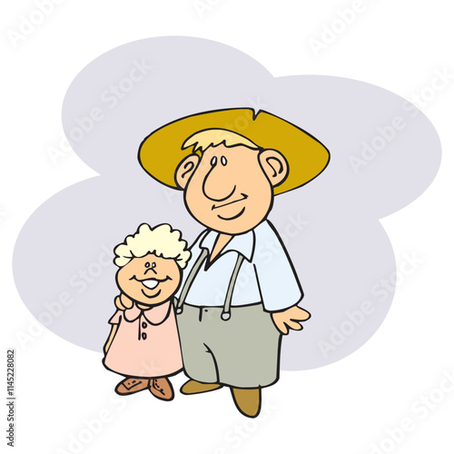 Cartoon farmer standing next to his daughter on the farm