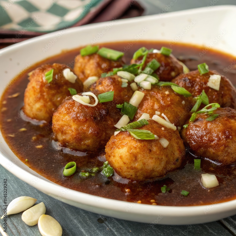 Delicious Fried Manchurian Balls Served in Savory Sauce With Garnish. Generative AI Delicious Fried Manchurian Balls Served in Savory Sauce With Garnish. Generative AI