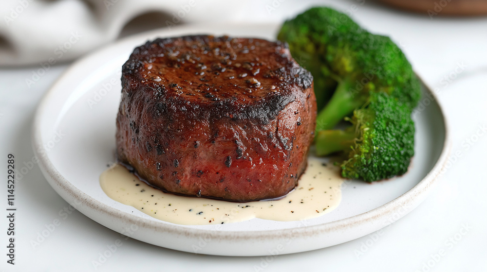 Perfectly cooked medium-rare steak with broccoli and sauce Perfectly cooked medium-rare steak with broccoli and sauce